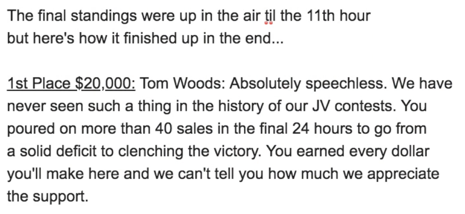 First place, $20,000: more than 40 sales in the final 24 hours